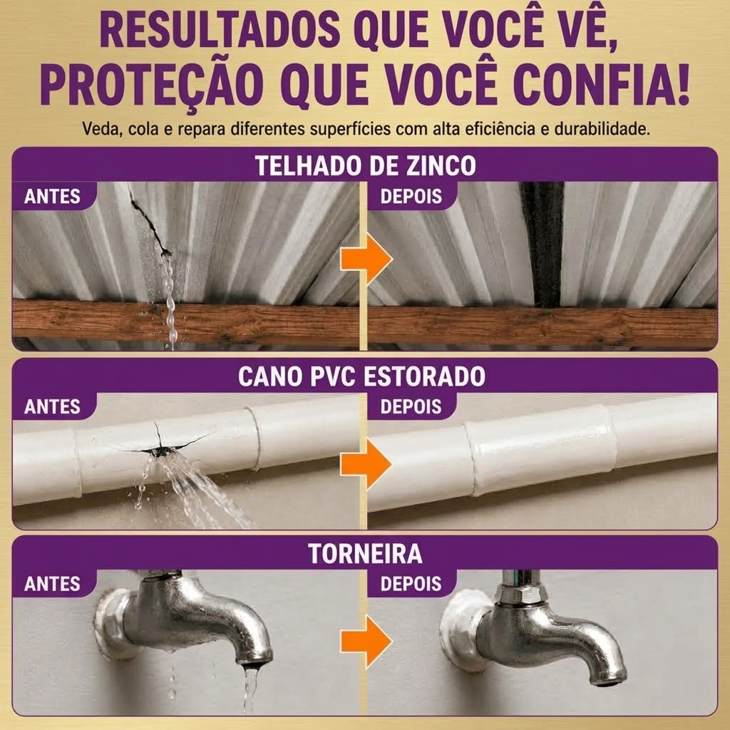 Antes e depois do Selante VedaTudo em telhado de zinco, cano PVC e torneira