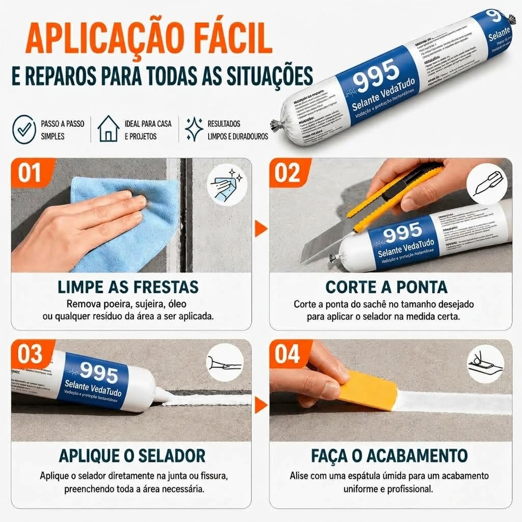 Passo a passo de aplicação do Selante VedaTudo: limpe, corte, aplique e faça o acabamento